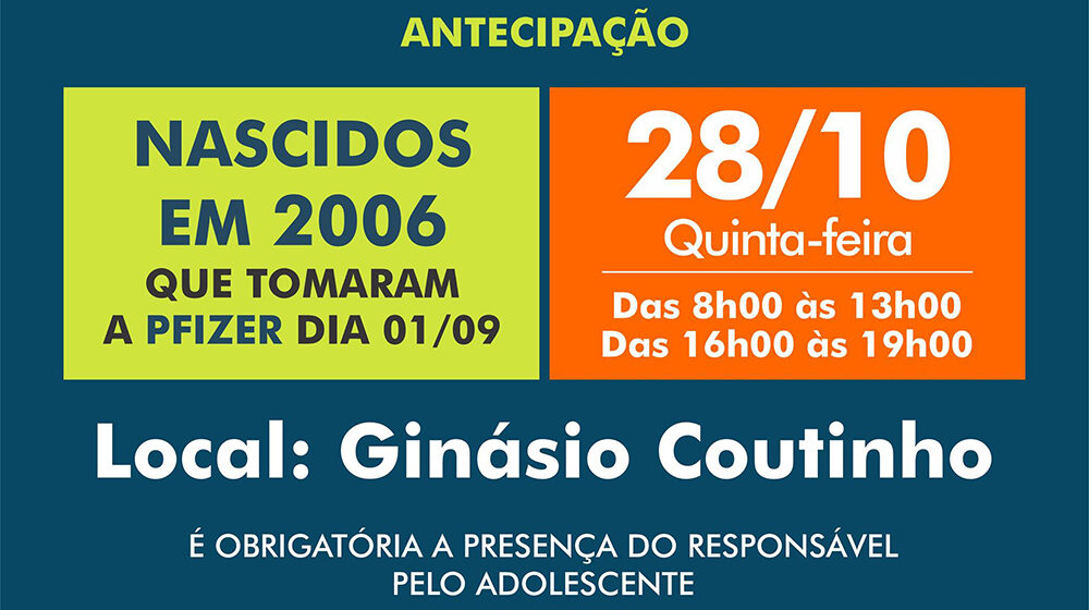 2ª dose será aplicada nesta quinta nos adolescentes nascidos em 2006