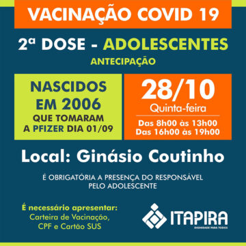 2ª dose será aplicada nesta quinta nos adolescentes nascidos em 2006