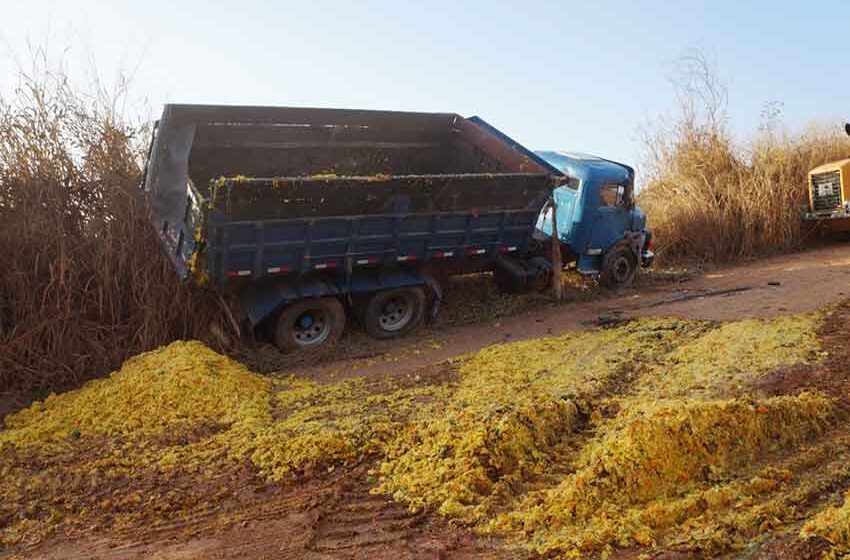 Caminhão carregado de bagaço de laranja tomba na estrada do Rio Manso