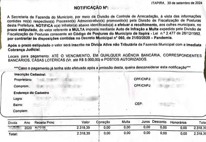 Prefeitura envia multas da pandemia e gera revolta em comerciantes